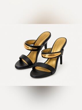 Donna Karan Viral Gold Cuff Heels Black Leather Mule Sandals Size 6.5